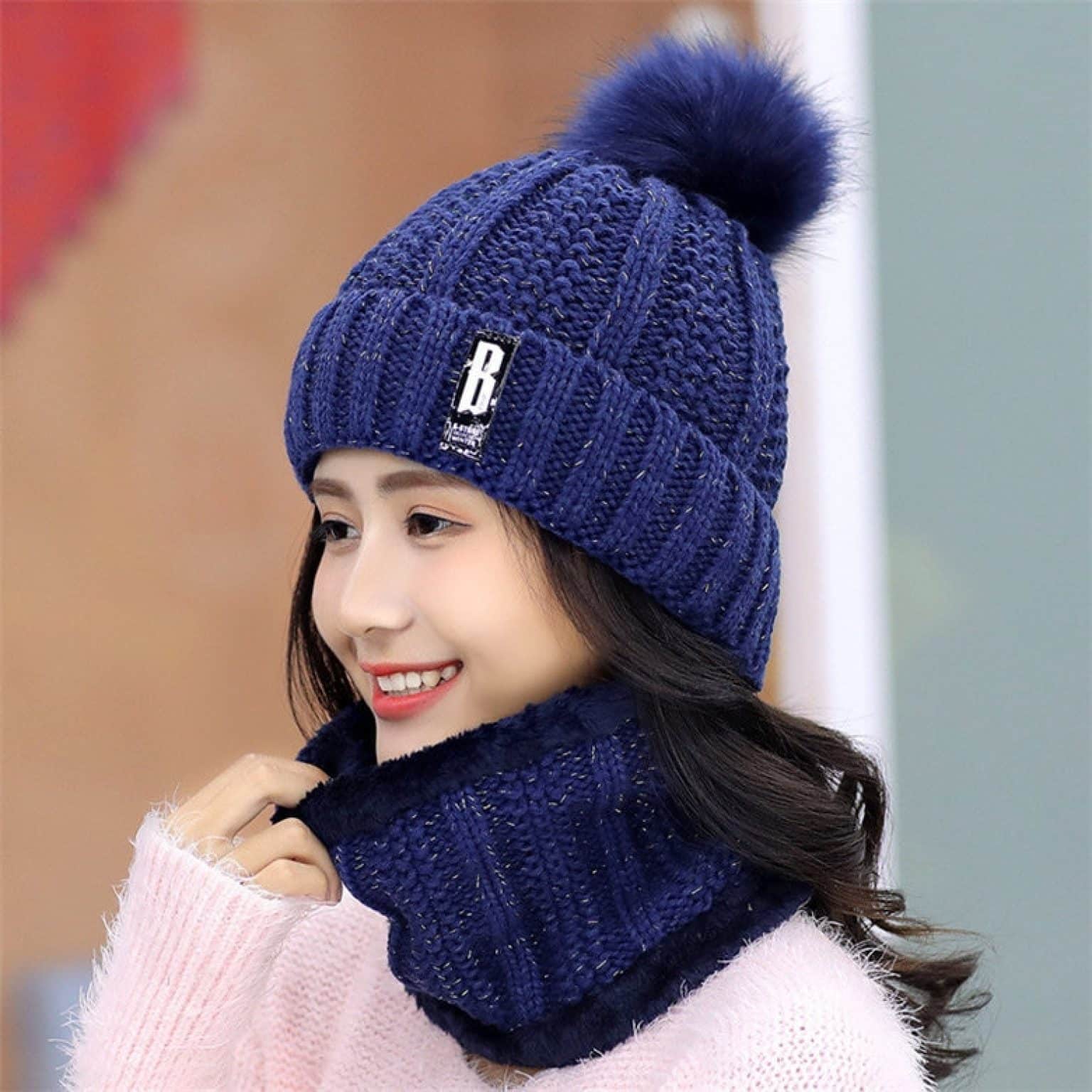 Pom Pom Beanie Set Navy blue