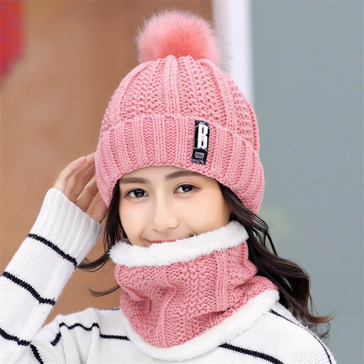 Pom Pom Beanie Pom Pom Beanie Wine red Set Pink