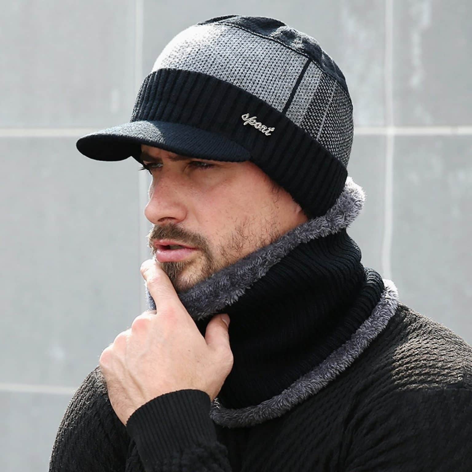 Winter Cap Scarf Set For Men Black